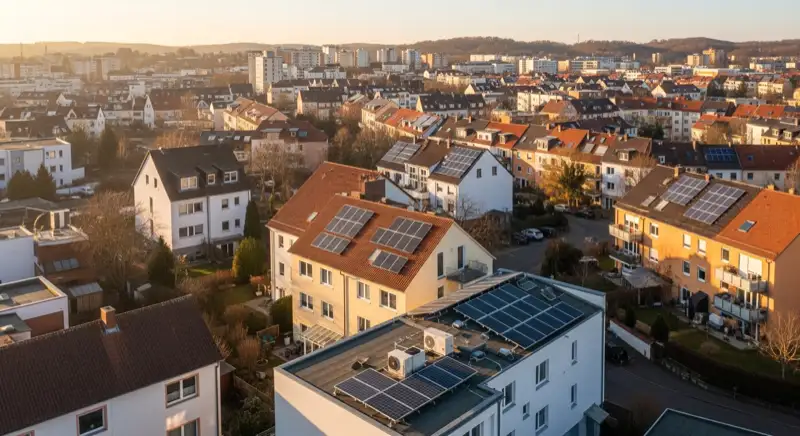 Aerial drone view of typical German residential neighborhood with mixed roof types, red and dark roof tiles, gardens visible, sunny day