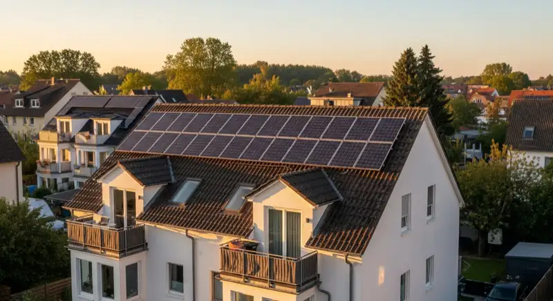 German residential house in Dessau-Roßlau with photovoltaic panels on a pitched roof, clean real-estate exterior photography, no people and no text