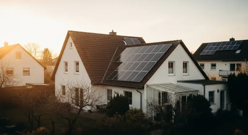 Photovoltaic panels on a German pitched roof in Dessau-Roßlau with neutral daylight and realistic residential architecture, no people and no text