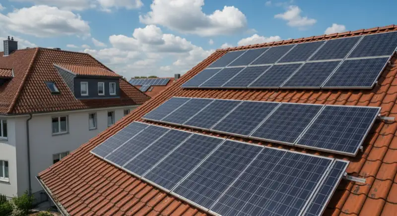 Eigenheimdächer mit Solarmodulen in einem locker bebauten Wohngebiet in Kochstedt