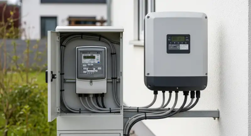 Modern German electrical meter cabinet (Zählerschrank) with smart meter and solar inverter connection, clean technical installation