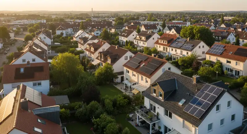 Aerial drone view of typical German residential neighborhood with mixed roof types, red and dark roof tiles, gardens visible, sunny day