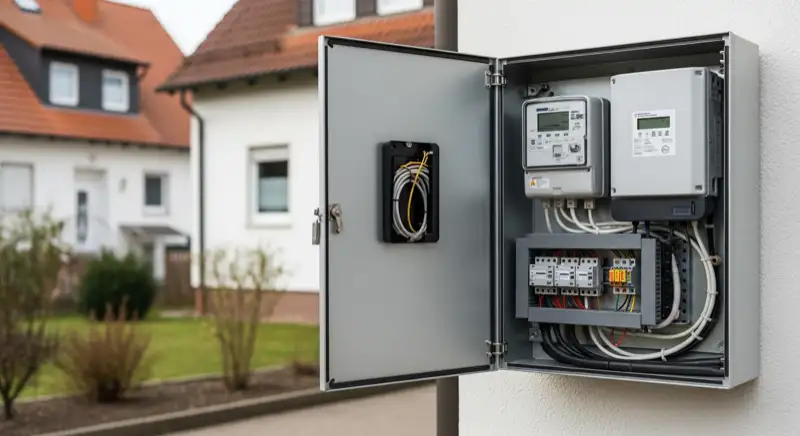 Modern German electrical meter cabinet (Zählerschrank) with smart meter and solar inverter connection, clean technical installation