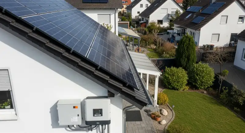 Modern German electrical meter cabinet (Zählerschrank) with smart meter and solar inverter connection, clean technical installation