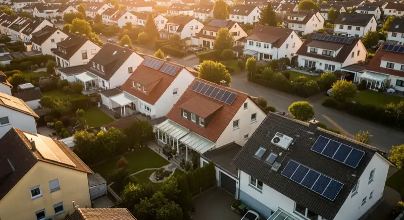 Aerial drone view of typical German residential neighborhood with mixed roof types, red and dark roof tiles, gardens visible, sunny day