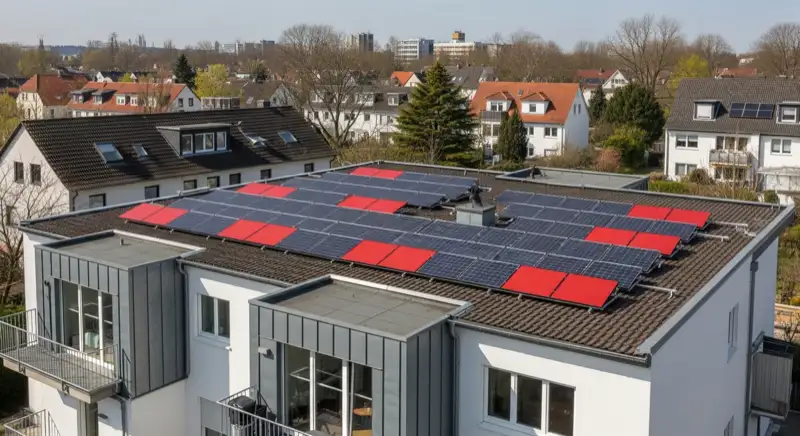 Moderne PV-Anlage auf typischem Dortmunder Einfamilienhaus mit roten Ziegeln
