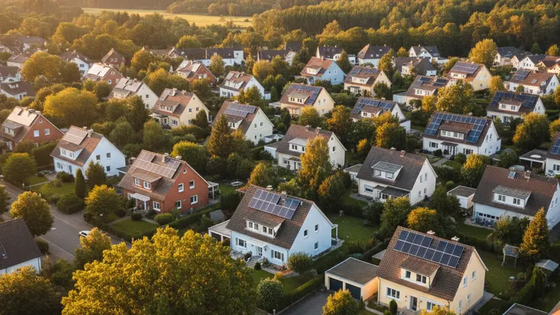 Wohnviertel in Dortmund mit mehreren Häusern mit Solaranlagen auf dem Dach