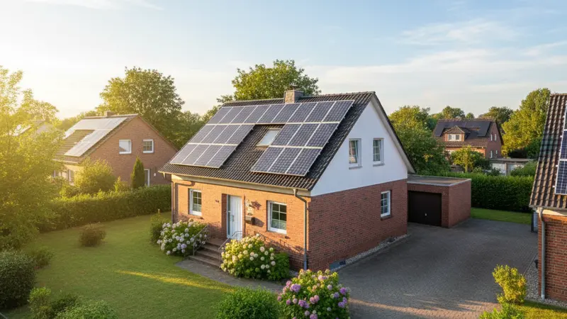 Einfamilienhaus mit Solaranlage auf dem Dach in Dortmund, Ruhrgebiet-Architektur mit grüner Nachbarschaft
