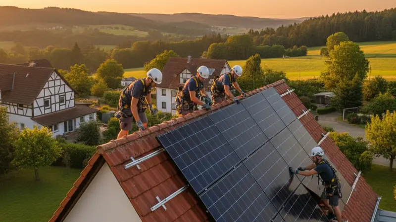 Solarinstallateur bei der Montage auf einem Dortmunder Hausdach