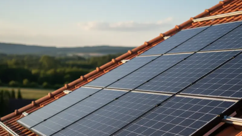 Nahaufnahme von Solarmodulen auf einem Ziegeldach in Dortmund