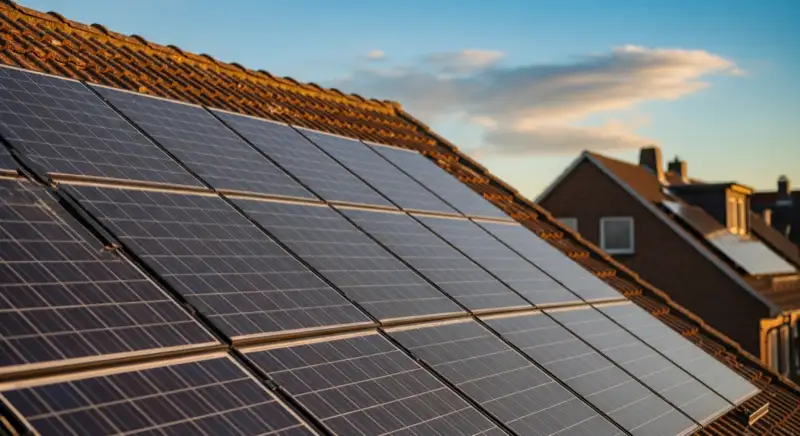 Close-up of photovoltaic solar panels installed on a traditional German Satteldach (gabled roof), blue sky with some clouds