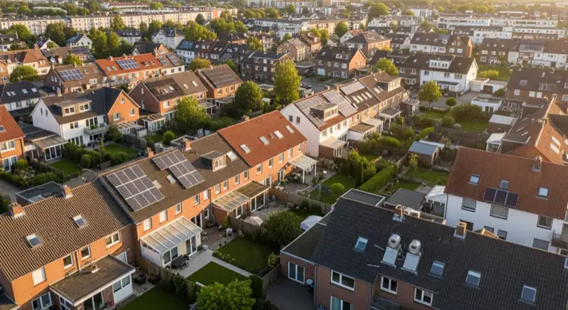Aerial drone view of typical German residential neighborhood with mixed roof types, red and dark roof tiles, gardens visible, sunny day