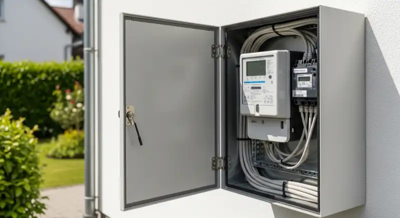 Modern German electrical meter cabinet (Zählerschrank) with smart meter and solar inverter connection, clean technical installation