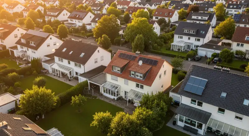 Aerial drone view of typical German residential neighborhood with mixed roof types, red and dark roof tiles, gardens visible, sunny day