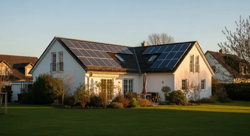 German detached house (Einfamilienhaus) with photovoltaic panels on pitched roof, well-maintained garden, warm afternoon sunlight