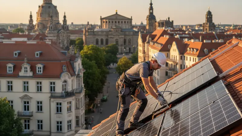 Solarinstallateur bei der Montage auf einem Dresdner Dach