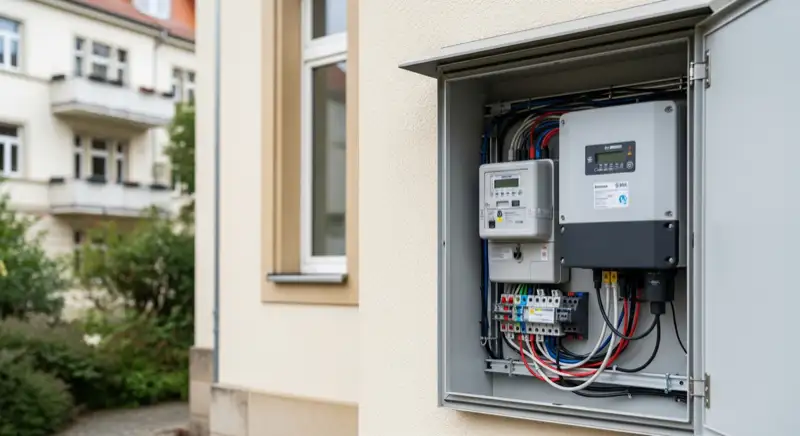 Modern German electrical meter cabinet (Zählerschrank) with smart meter and solar inverter connection, clean technical installation