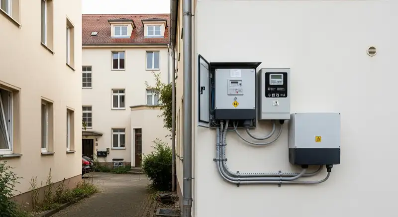 Modern German electrical meter cabinet (Zählerschrank) with smart meter and solar inverter connection, clean technical installation