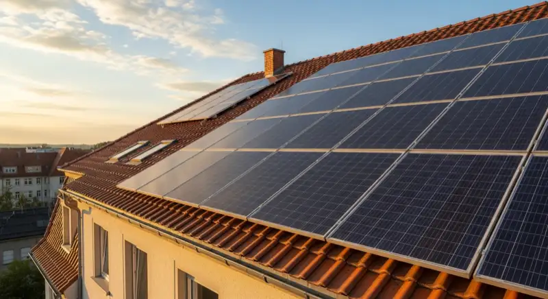 Close-up of photovoltaic solar panels installed on a traditional German Satteldach (gabled roof), blue sky with some clouds