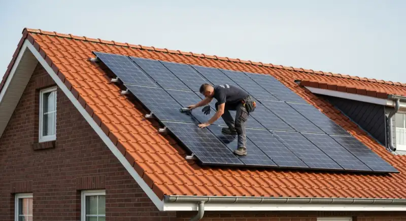 Solarteur installiert PV-Module auf rotem Ziegeldach eines münsterländischen Backsteinhauses in Dülmen