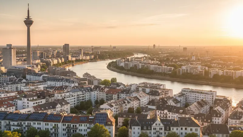 Düsseldorfer Stadtpanorama mit Rheinturm und Solardächern
