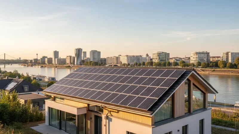 Einfamilienhaus mit Solaranlage in Düsseldorf, Rheinufer und Medienhafen im Hintergrund