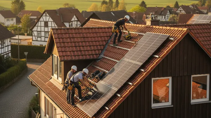 Solarinstallateur bei der Montage auf einem Düsseldorfer Dach