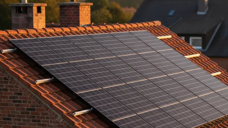 Solarmodule auf einem Düsseldorfer Dach, Nahaufnahme der Installation