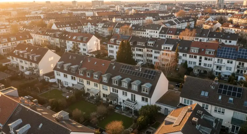 Aerial drone view of typical German residential neighborhood with mixed roof types, red and dark roof tiles, gardens visible, sunny day