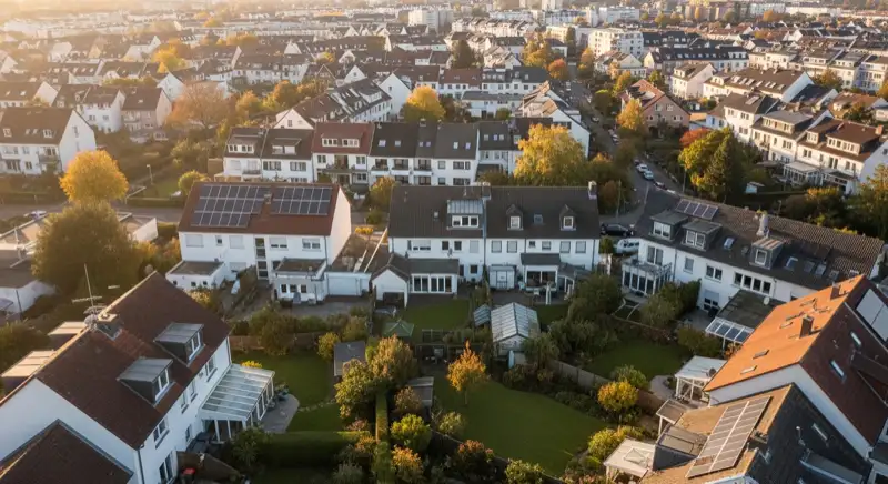 Aerial drone view of typical German residential neighborhood with mixed roof types, red and dark roof tiles, gardens visible, sunny day