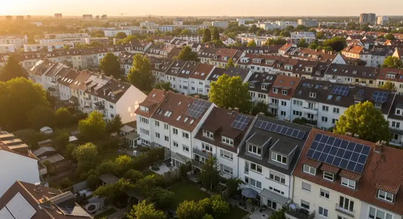Aerial drone view of typical German residential neighborhood with mixed roof types, red and dark roof tiles, gardens visible, sunny day