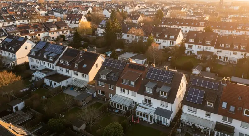 Aerial drone view of typical German residential neighborhood with mixed roof types, red and dark roof tiles, gardens visible, sunny day