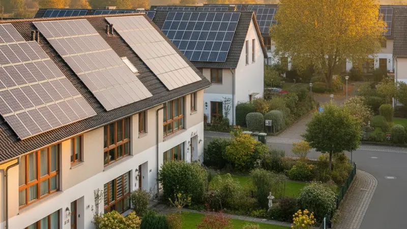 Wohngebiet in Duisburg mit Solaranlagen auf Hausdächern