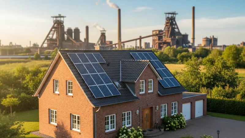 Einfamilienhaus mit Solaranlage auf dem Dach in Duisburg, Industriekultur im Hintergrund