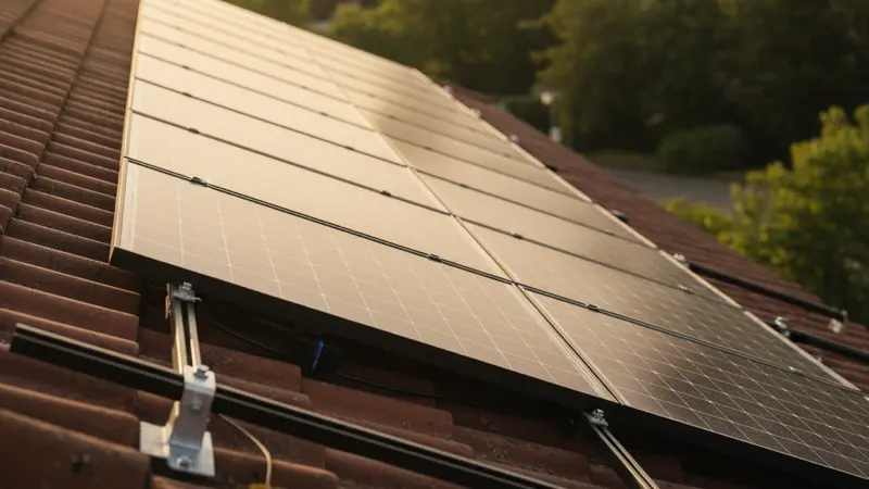 Solarmodule auf einem Duisburger Hausdach, Nahaufnahme der Montage