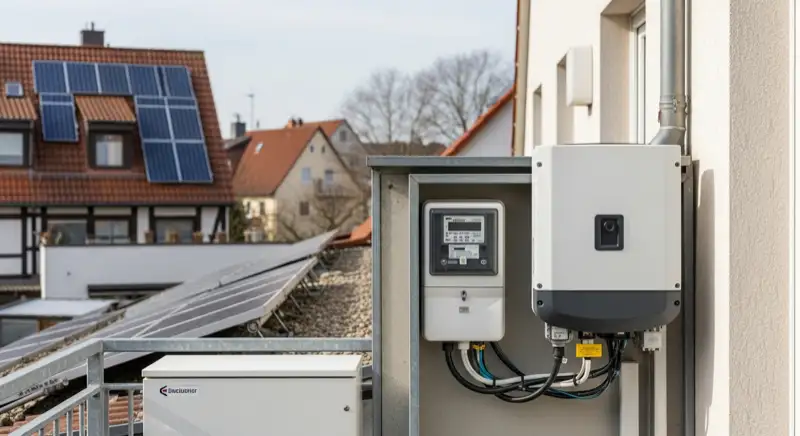 Modern German electrical meter cabinet (Zählerschrank) with smart meter and solar inverter connection, clean technical installation