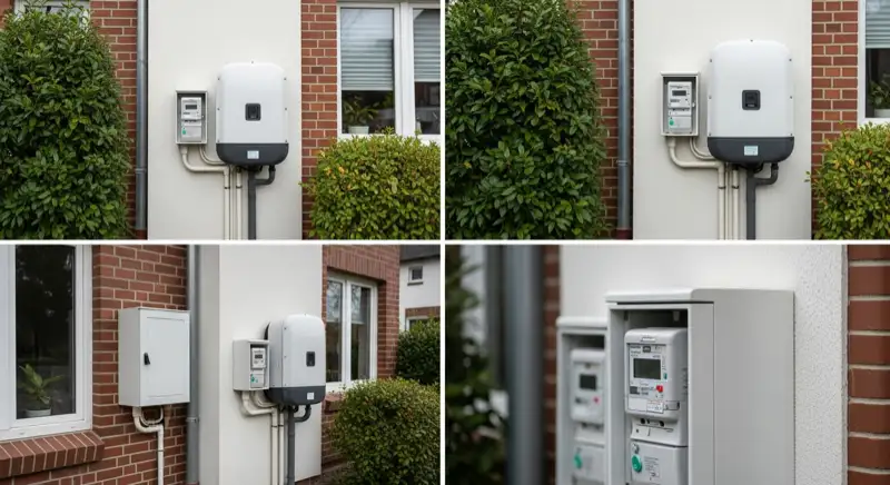Modern German electrical meter cabinet (Zählerschrank) with smart meter and solar inverter connection, clean technical installation
