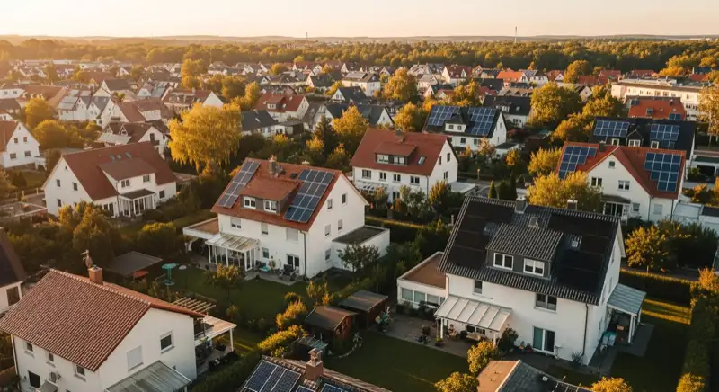 Aerial drone view of typical German residential neighborhood with mixed roof types, red and dark roof tiles, gardens visible, sunny day