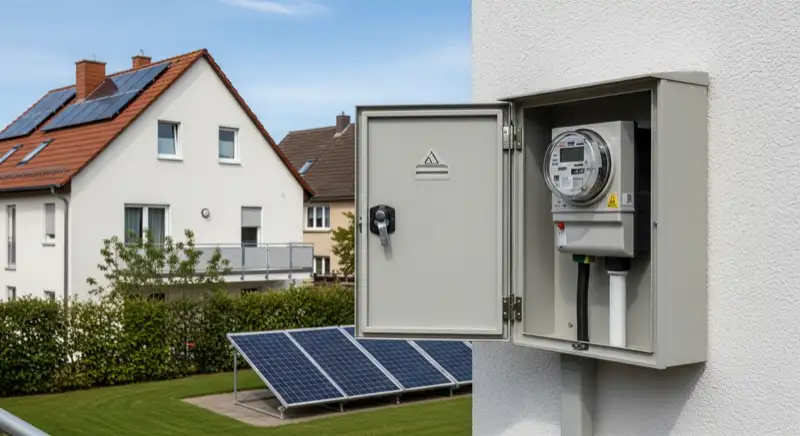 Modern German electrical meter cabinet (Zählerschrank) with smart meter and solar inverter connection, clean technical installation