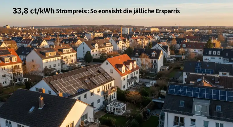 Aerial drone view of typical German residential neighborhood with mixed roof types, red and dark roof tiles, gardens visible, sunny day