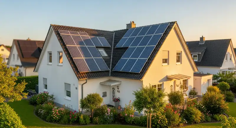 German detached house (Einfamilienhaus) with photovoltaic panels on pitched roof, well-maintained garden, warm afternoon sunlight