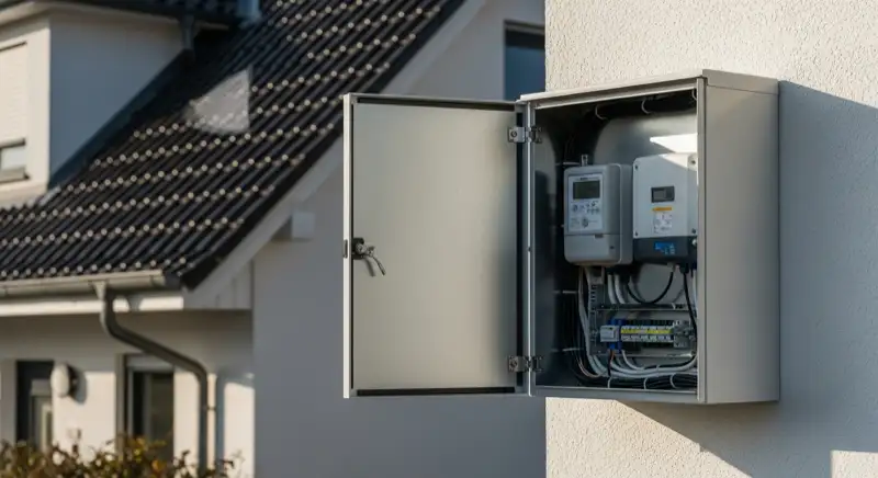 Modern German electrical meter cabinet (Zählerschrank) with smart meter and solar inverter connection, clean technical installation