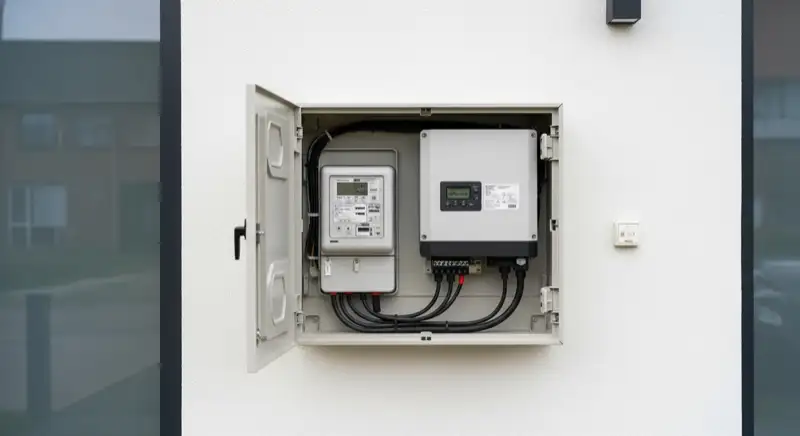 Modern German electrical meter cabinet (Zählerschrank) with smart meter and solar inverter connection, clean technical installation