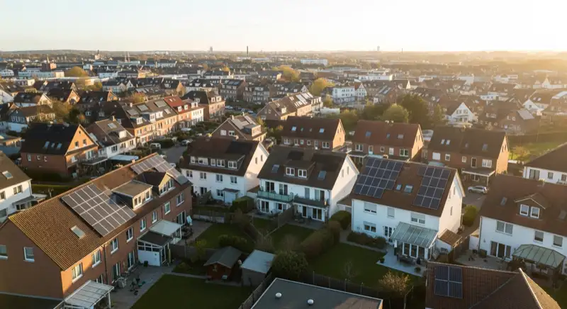 Aerial drone view of typical German residential neighborhood with mixed roof types, red and dark roof tiles, gardens visible, sunny day