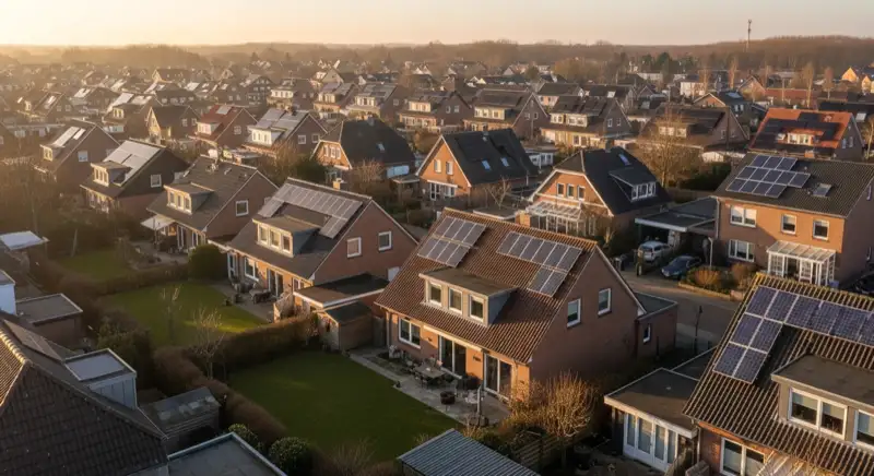 Aerial drone view of typical German residential neighborhood with mixed roof types, red and dark roof tiles, gardens visible, sunny day