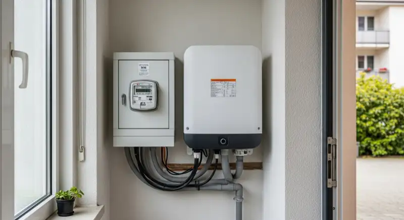 Modern German electrical meter cabinet (Zählerschrank) with smart meter and solar inverter connection, clean technical installation