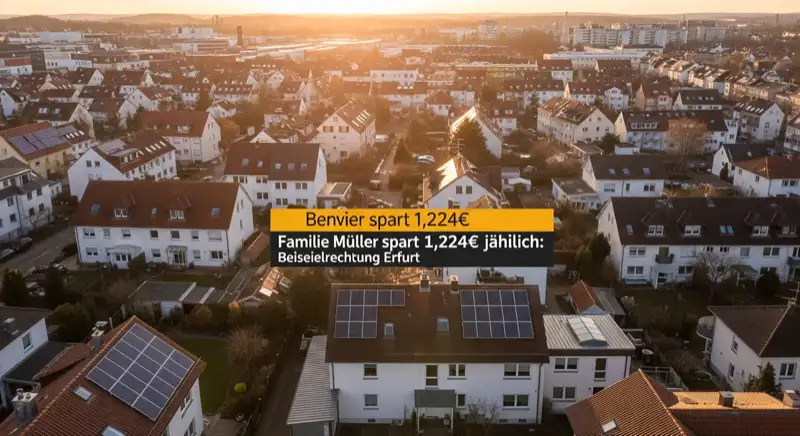 Aerial drone view of typical German residential neighborhood with mixed roof types, red and dark roof tiles, gardens visible, sunny day