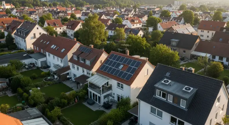 Aerial drone view of typical German residential neighborhood with mixed roof types, red and dark roof tiles, gardens visible, sunny day