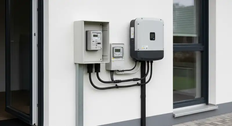 Modern German electrical meter cabinet (Zählerschrank) with smart meter and solar inverter connection, clean technical installation