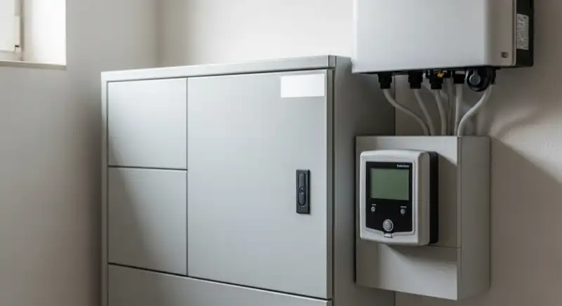 Modern German electrical meter cabinet (Zählerschrank) with smart meter and solar inverter connection, clean technical installation